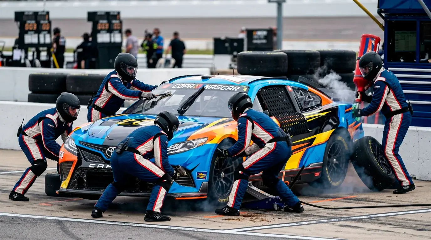 Coche NASCAR Cup Series en primer plano durante una parada en boxes con mecánicos cambiando neumáticos y panel de muro de boxes al fondo