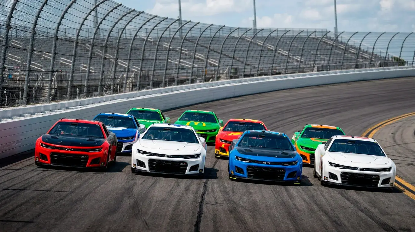 Coches NASCAR compitiendo en la Daytona 500, pack racing en superspeedway