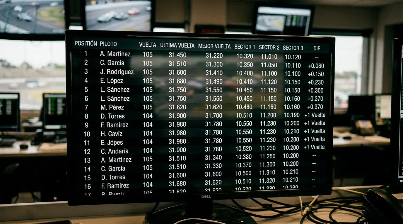 Pantalla de timing en vivo durante una carrera NASCAR Cup Series con posiciones actualizándose