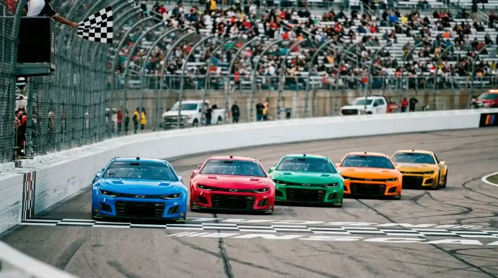 Los cinco primeros coches cruzando la meta en una carrera Cup Series, referencia del mercado top-5