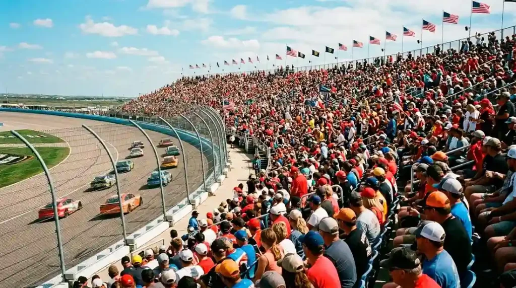 Tribuna llena de aficionados durante una carrera NASCAR Cup Series en un óvalo estadounidense