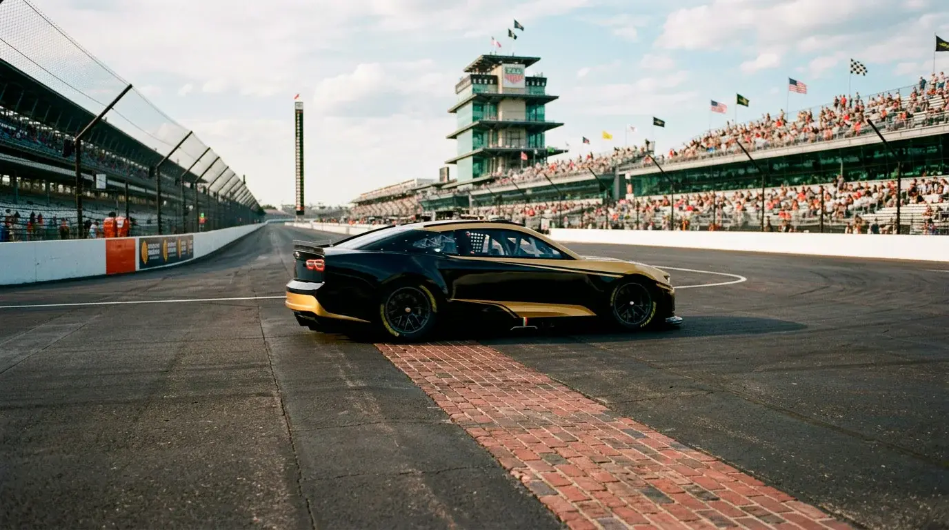Curva uno del Indianapolis Motor Speedway durante el Brickyard 400, con la banda de ladrillo visible en la línea de meta
