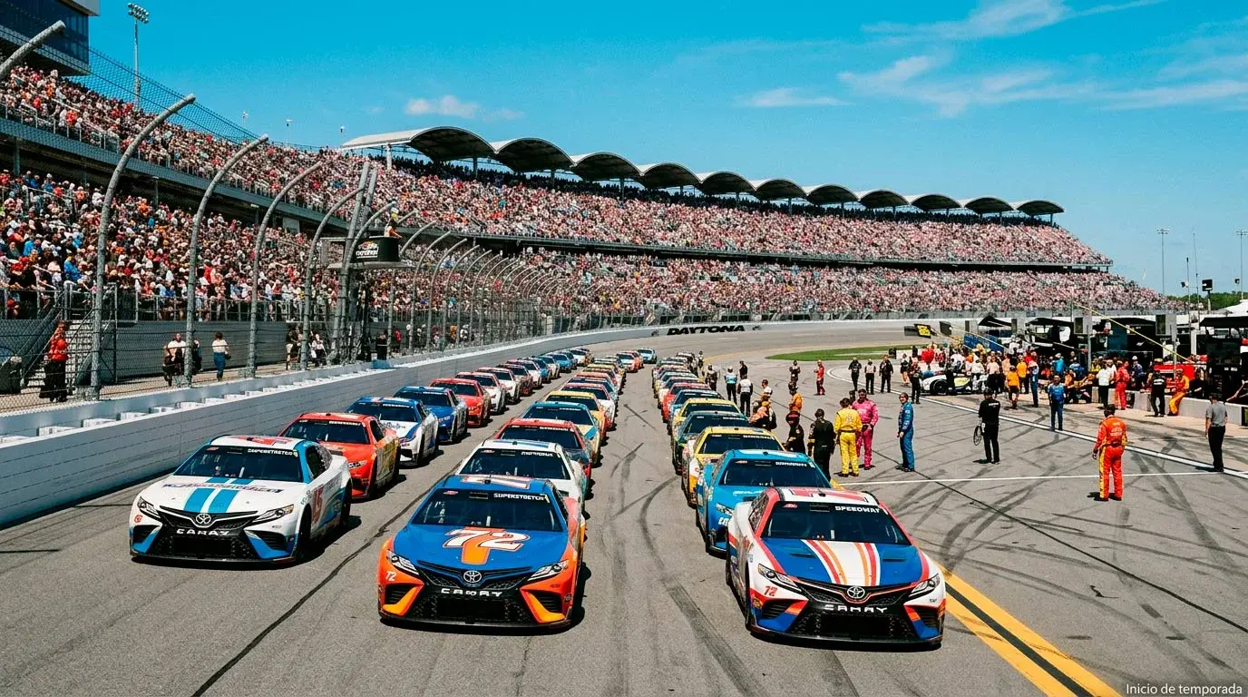 Línea de salida del Daytona 500 con coches NASCAR Cup Series formados en doble fila bajo el cielo azul de Florida