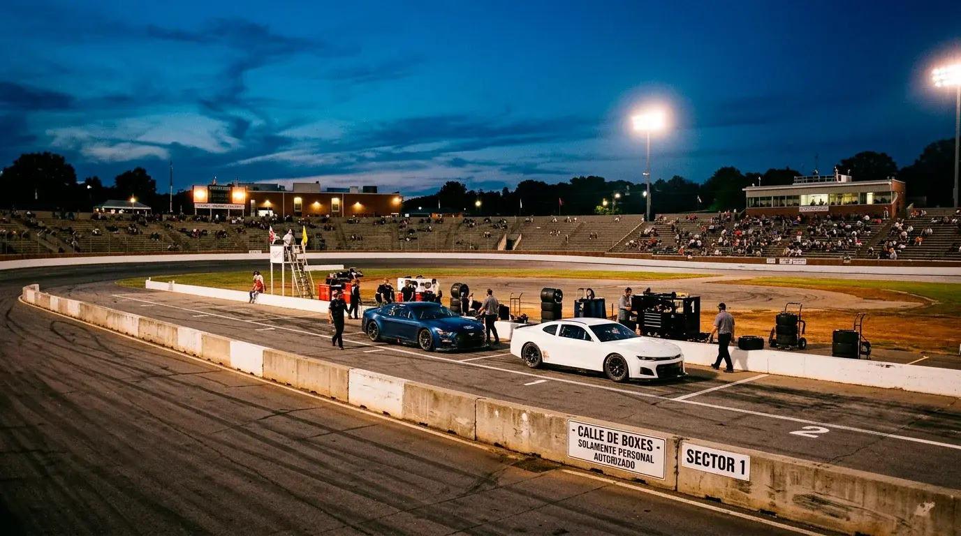 Bowman Gray Stadium al anochecer, escenario del Clash de NASCAR antes de la Daytona 500