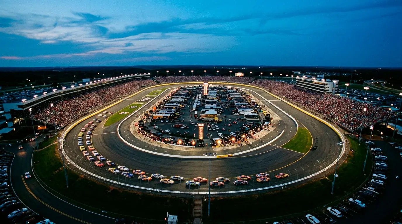 Vista aérea del Charlotte Motor Speedway durante la Coca-Cola 600 al anochecer
