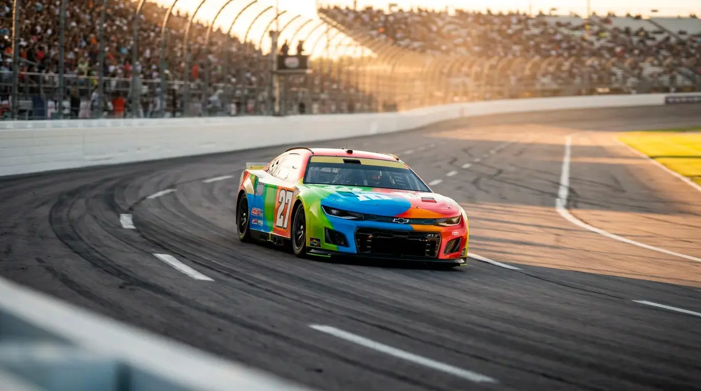 Coche stock car de NASCAR Cup Series recorriendo la recta principal de un óvalo americano al atardecer con gradas llenas al fondo