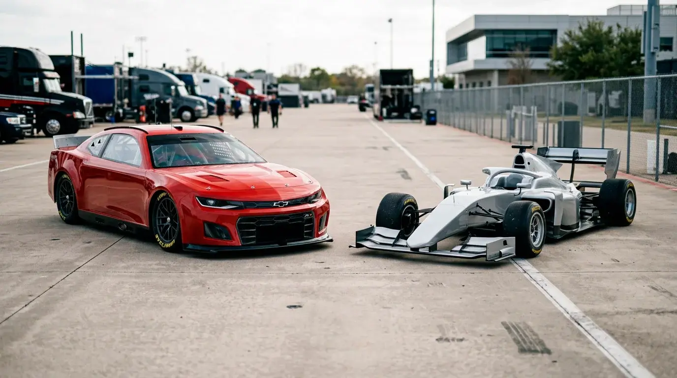 Coche NASCAR Cup Series junto a un monoplaza de Fórmula 1, comparativa visual de las dos categorías