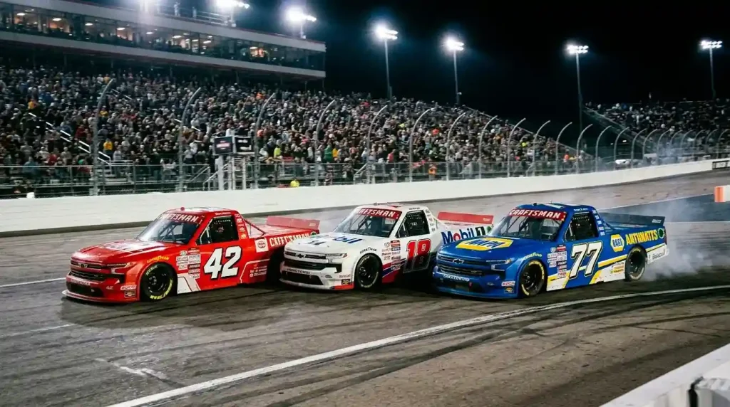 Camionetas NASCAR Craftsman Truck Series compitiendo en un óvalo bajo cielo nocturno