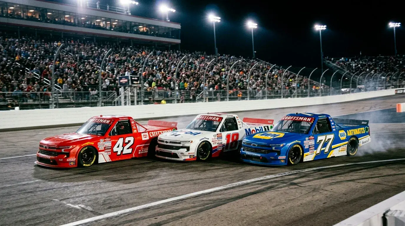 Camionetas NASCAR Craftsman Truck Series compitiendo en un óvalo bajo cielo nocturno