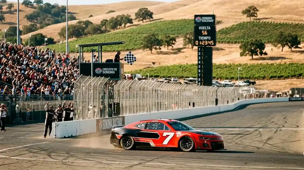 Daniel Suárez celebrando en Sonoma, referencia clave para apostadores hispanos en NASCAR