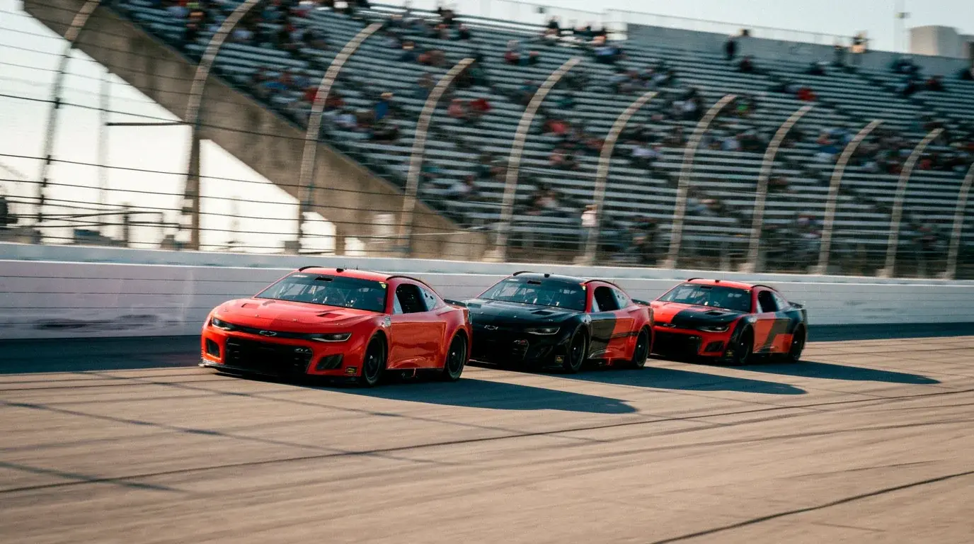 Tres coches NASCAR formando un tren de drafting a velocidad máxima en superspeedway