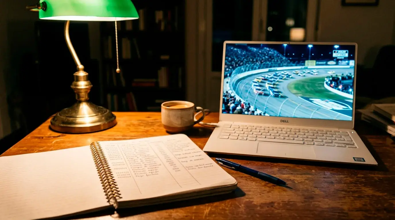 Cuaderno de apostador abierto junto a una retransmisión NASCAR Cup Series en un televisor al fondo