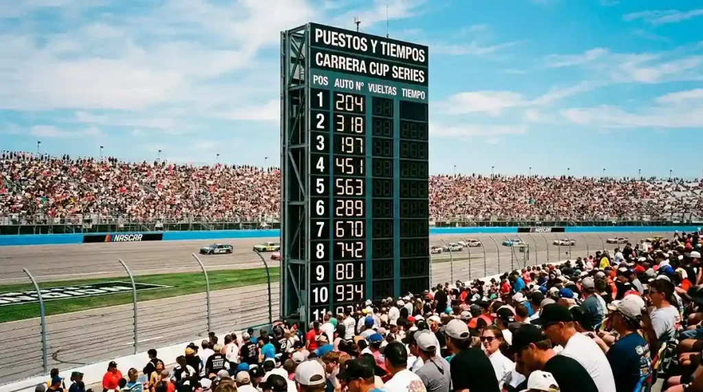 Pizarra de timing en una carrera NASCAR Cup Series con términos técnicos del argot de la categoría