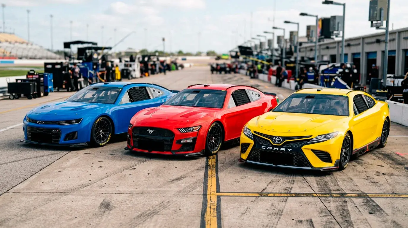 Logos de Chevrolet, Ford y Toyota sobre el capó de tres coches NASCAR Cup Series en la parrilla