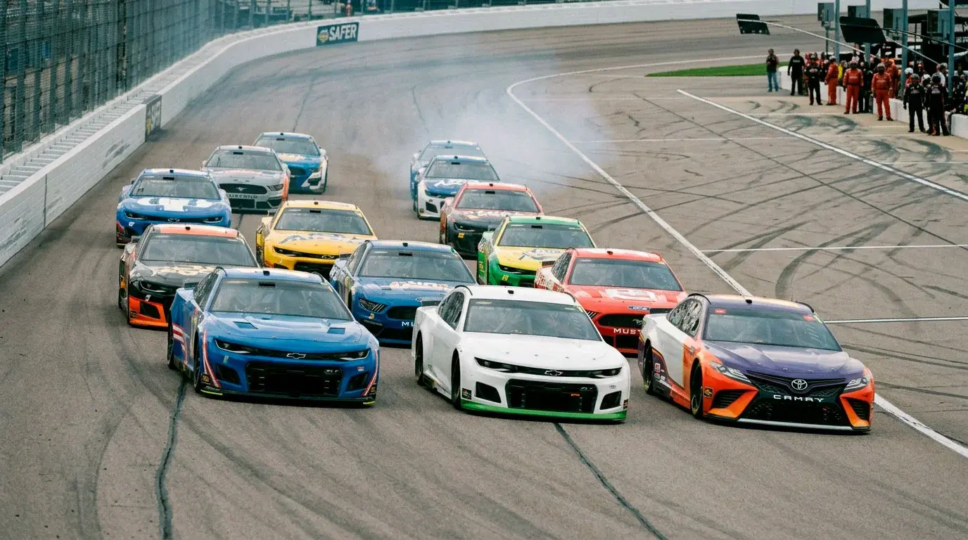 Pelotón compacto de coches NASCAR Cup Series en plena carrera sobre un óvalo de asfalto con humo de neumáticos y luz de media tarde