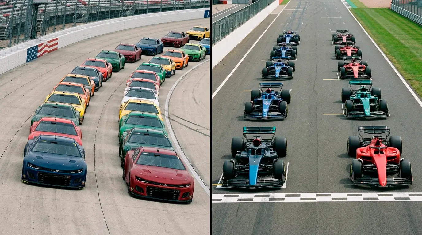 Parrilla NASCAR Cup Series de cuarenta stock cars en óvalo frente a monoplazas Fórmula 1