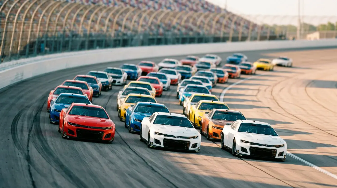 Pack de stock cars NASCAR apiñados a alta velocidad en superspeedway ilustrando la volatilidad de cuotas