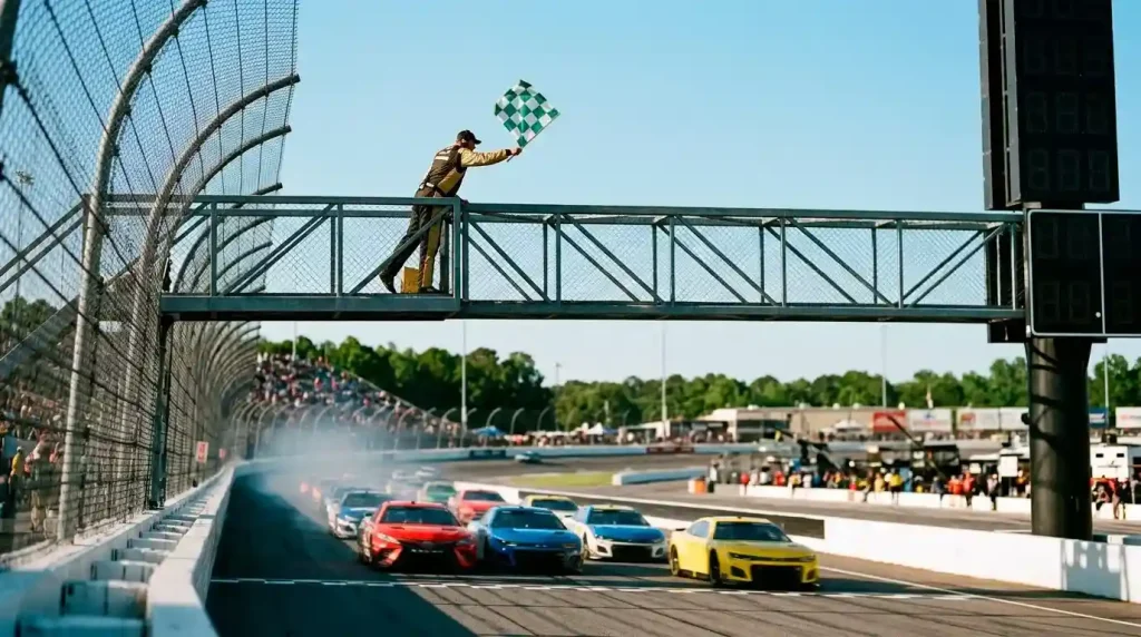 Bandera verde y blanca señalando el final de un stage en una carrera Cup Series, clave del mercado stage winner
