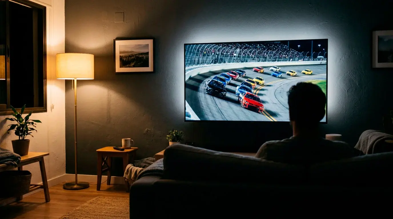 Pantalla mostrando retransmisión NASCAR en DAZN, canal oficial en España para 2026